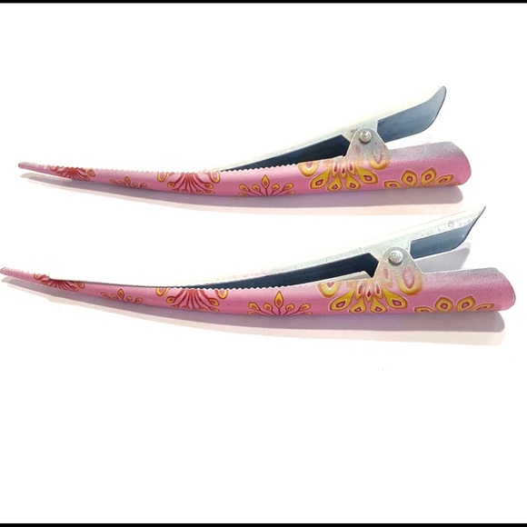 Updo Hair Clips Set of 2 Pink With Yellow Red Peacock Print - Picture 4 of 5